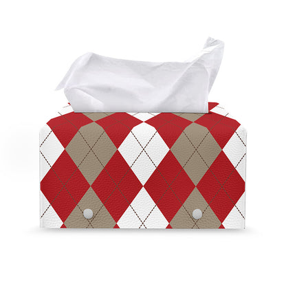 Beige Red And White Argyle Pattern Print Leather Tissue Box Cover