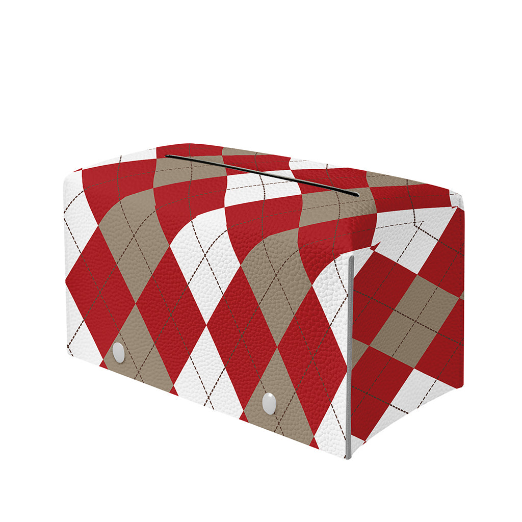 Beige Red And White Argyle Pattern Print Leather Tissue Box Cover