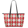 Beige Red And White Argyle Pattern Print Leather Tote Bag With Zipper