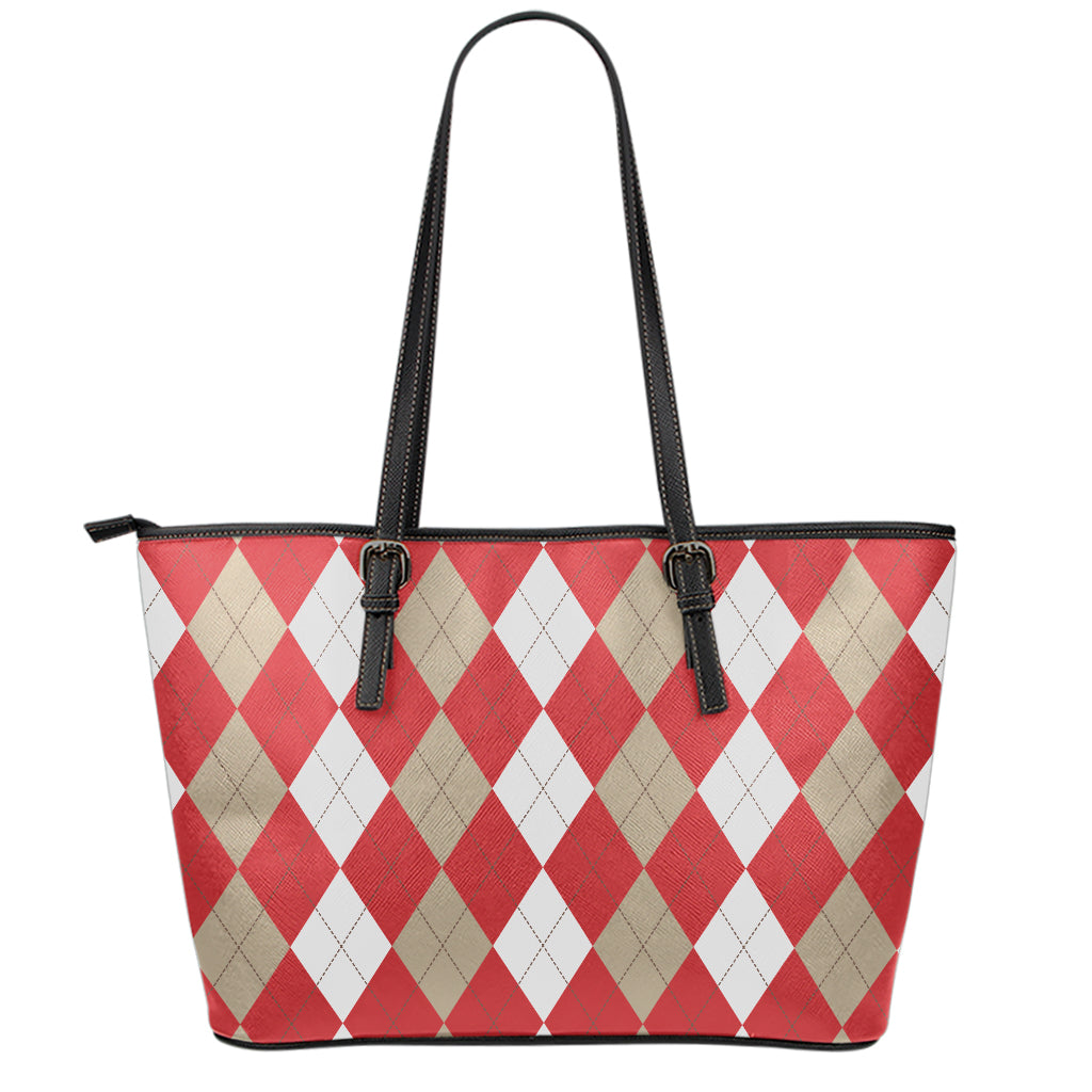 Beige Red And White Argyle Pattern Print Leather Tote Bag