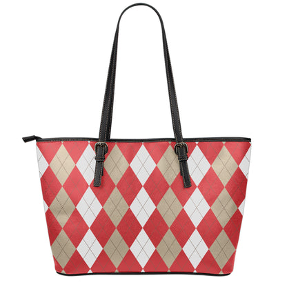 Beige Red And White Argyle Pattern Print Leather Tote Bag