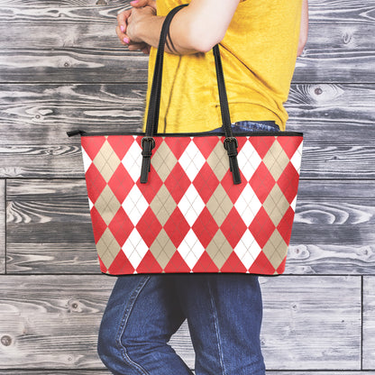 Beige Red And White Argyle Pattern Print Leather Tote Bag