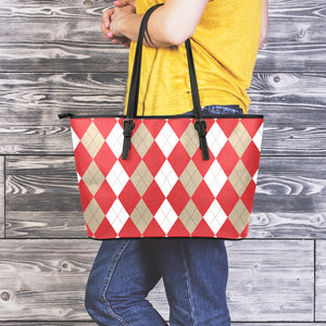 Beige Red And White Argyle Pattern Print Leather Tote Bag