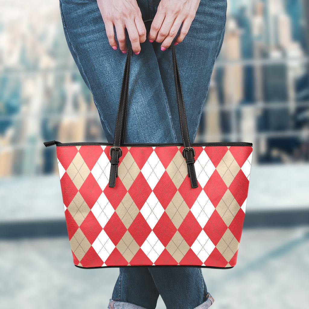 Beige Red And White Argyle Pattern Print Leather Tote Bag