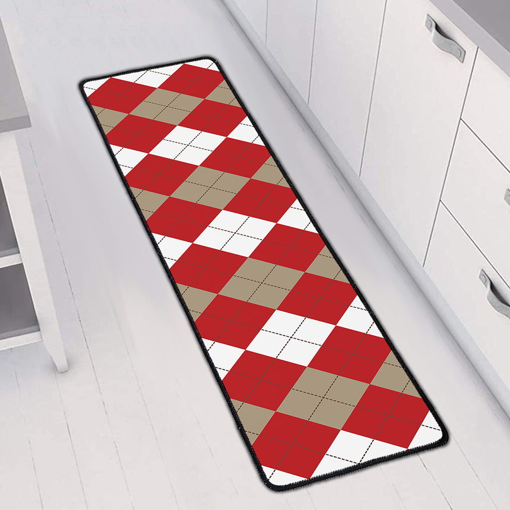 Beige Red And White Argyle Pattern Print Long Kitchen Mat