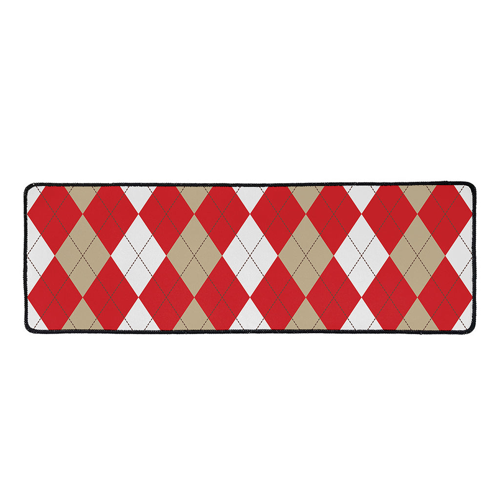 Beige Red And White Argyle Pattern Print Long Kitchen Mat
