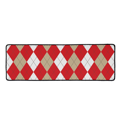 Beige Red And White Argyle Pattern Print Long Kitchen Mat