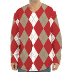 Beige Red And White Argyle Pattern Print Long Sleeve Baseball Jersey