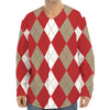 Beige Red And White Argyle Pattern Print Long Sleeve Baseball Jersey