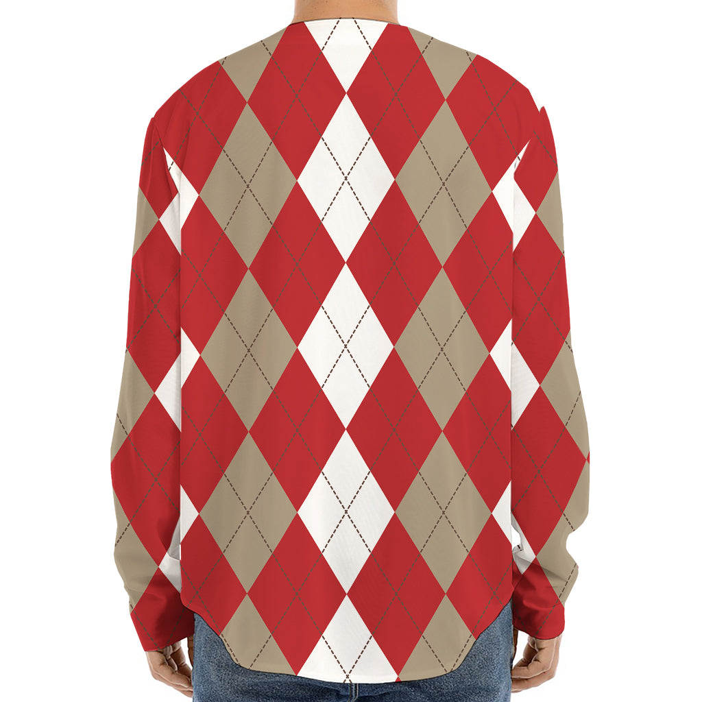 Beige Red And White Argyle Pattern Print Long Sleeve Baseball Jersey