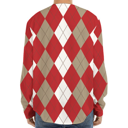 Beige Red And White Argyle Pattern Print Long Sleeve Baseball Jersey