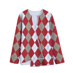 Beige Red And White Argyle Pattern Print Long Sleeve Short Coat