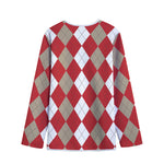 Beige Red And White Argyle Pattern Print Long Sleeve Short Coat