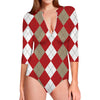 Beige Red And White Argyle Pattern Print Long Sleeve Swimsuit