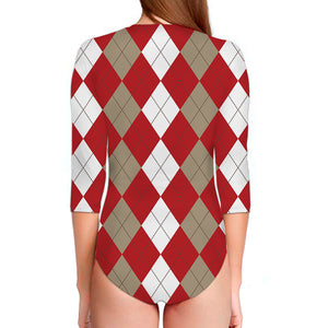 Beige Red And White Argyle Pattern Print Long Sleeve Swimsuit