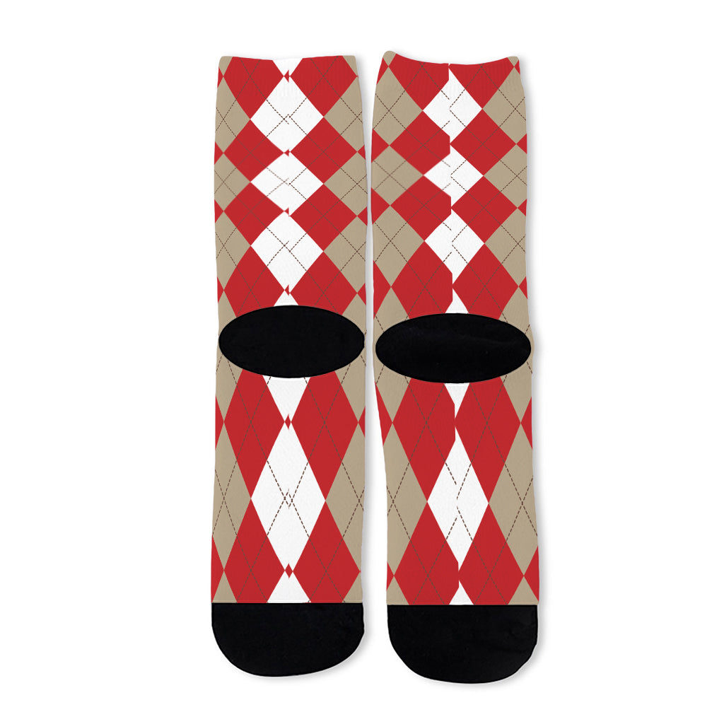 Beige Red And White Argyle Pattern Print Long Socks