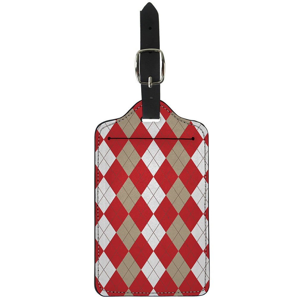 Beige Red And White Argyle Pattern Print Luggage Tag