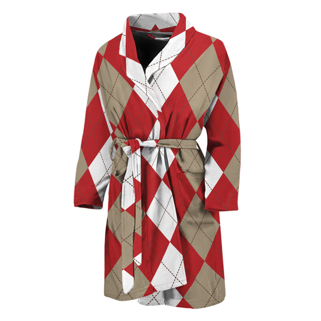 Beige Red And White Argyle Pattern Print Men's Bathrobe