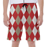 Beige Red And White Argyle Pattern Print Men's Beach Shorts
