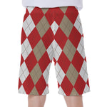 Beige Red And White Argyle Pattern Print Men's Beach Shorts