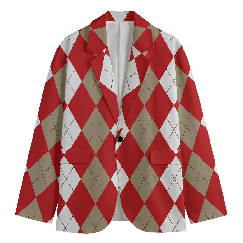 Beige Red And White Argyle Pattern Print Men's Blazer