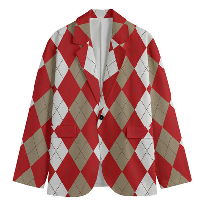 Beige Red And White Argyle Pattern Print Men's Blazer