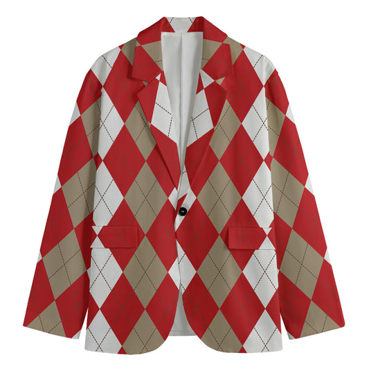 Beige Red And White Argyle Pattern Print Men's Blazer