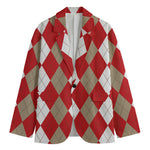 Beige Red And White Argyle Pattern Print Men's Blazer