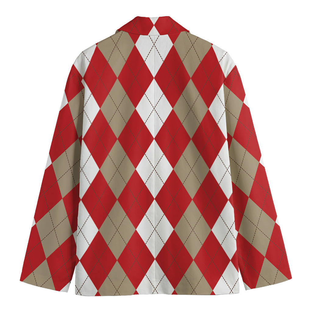 Beige Red And White Argyle Pattern Print Men's Blazer
