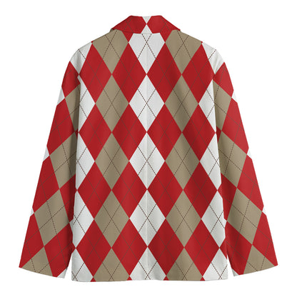 Beige Red And White Argyle Pattern Print Men's Blazer