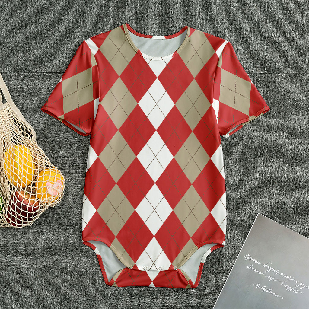 Beige Red And White Argyle Pattern Print Men's Bodysuit