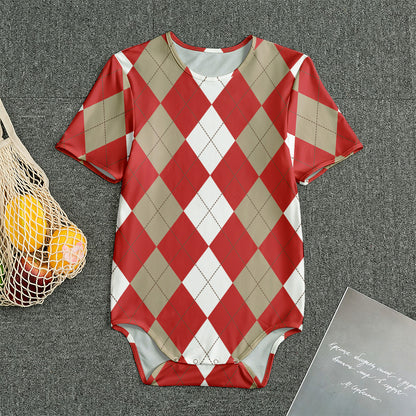 Beige Red And White Argyle Pattern Print Men's Bodysuit