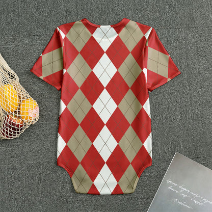 Beige Red And White Argyle Pattern Print Men's Bodysuit