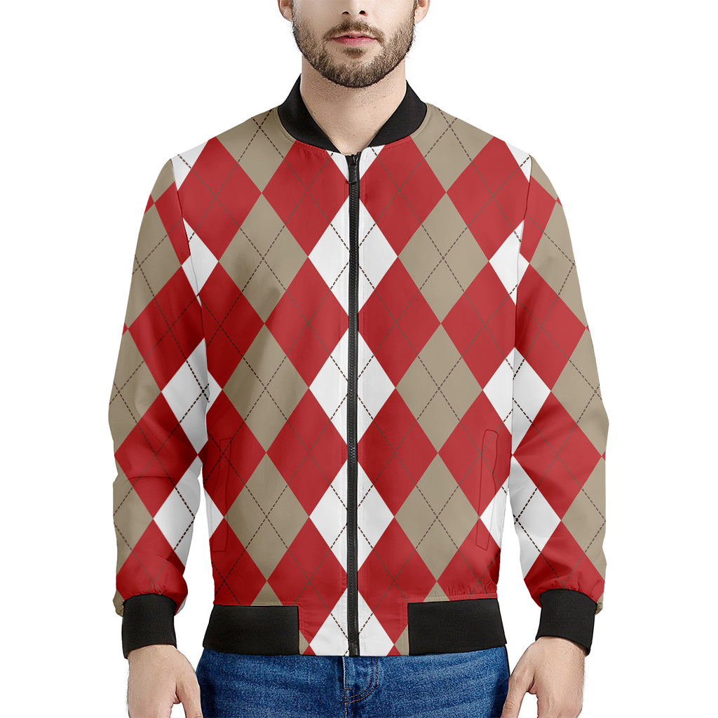 Beige Red And White Argyle Pattern Print Men's Bomber Jacket