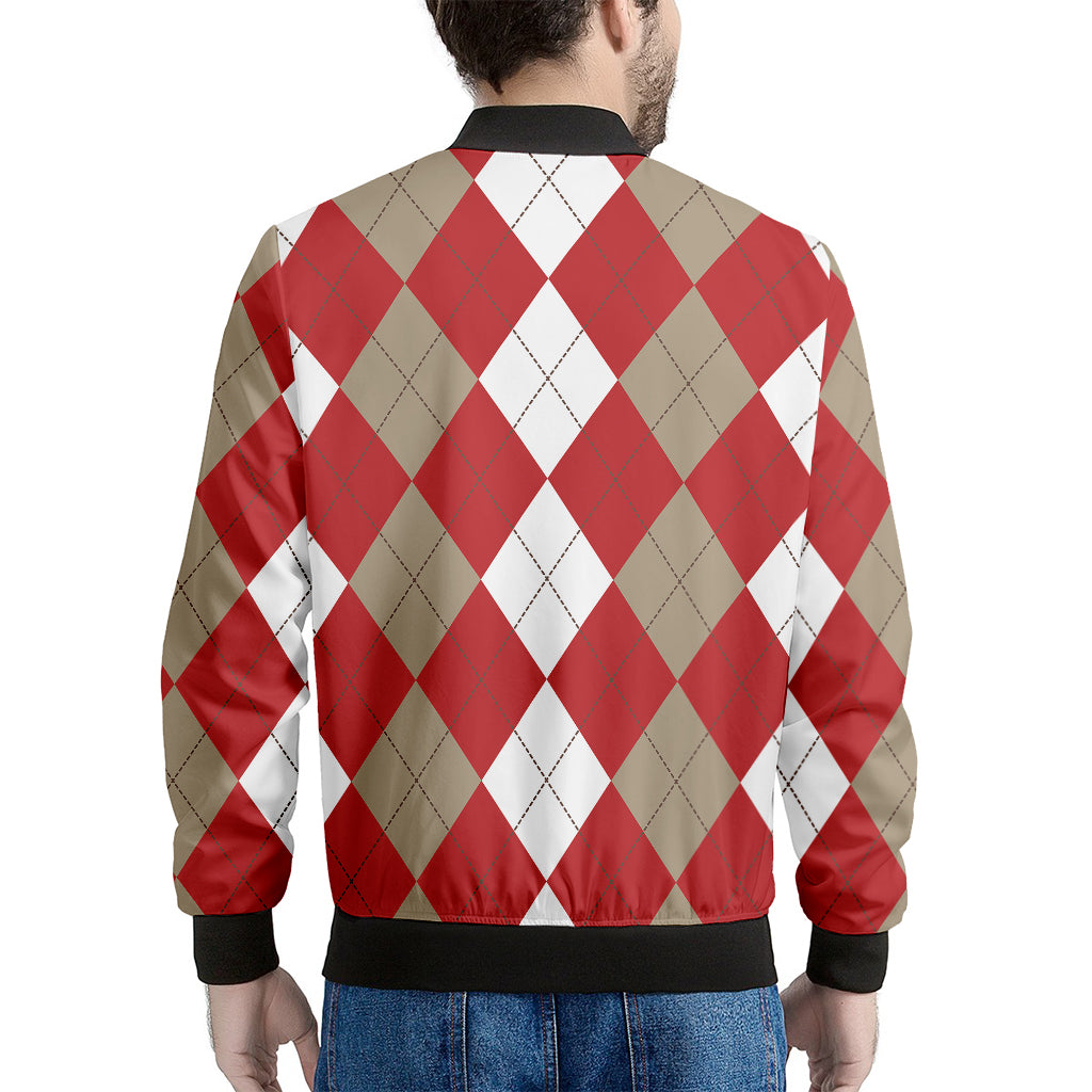 Beige Red And White Argyle Pattern Print Men's Bomber Jacket