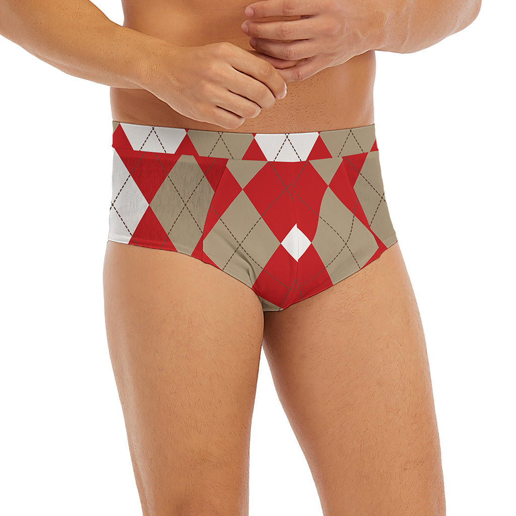 Beige Red And White Argyle Pattern Print Men's Briefs