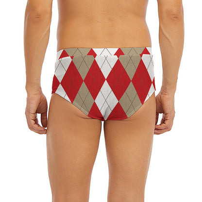 Beige Red And White Argyle Pattern Print Men's Briefs