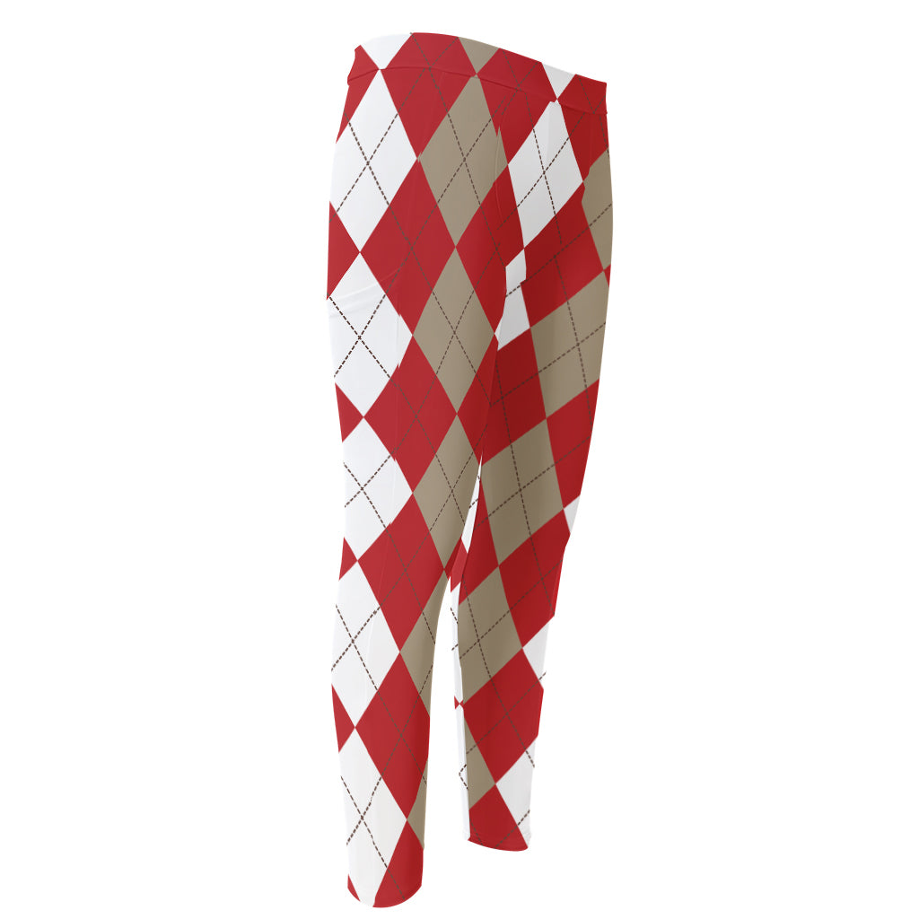 Beige Red And White Argyle Pattern Print Men's Compression Pants