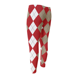 Beige Red And White Argyle Pattern Print Men's Compression Pants