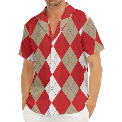Beige Red And White Argyle Pattern Print Men's Deep V-Neck Shirt
