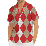Beige Red And White Argyle Pattern Print Men's Deep V-Neck Shirt