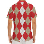 Beige Red And White Argyle Pattern Print Men's Deep V-Neck Shirt