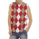 Beige Red And White Argyle Pattern Print Men's Fitness Tank Top