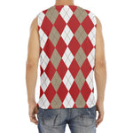 Beige Red And White Argyle Pattern Print Men's Fitness Tank Top