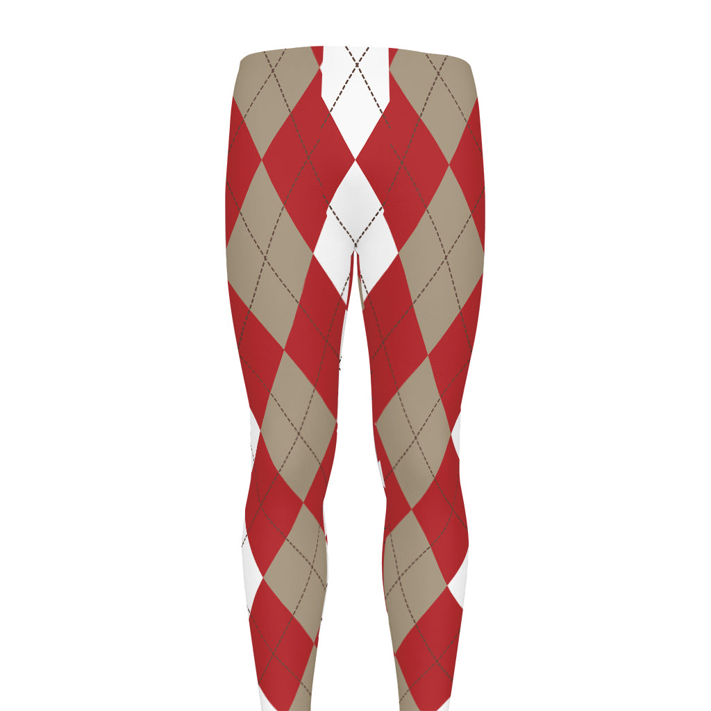 Beige Red And White Argyle Pattern Print Men's leggings