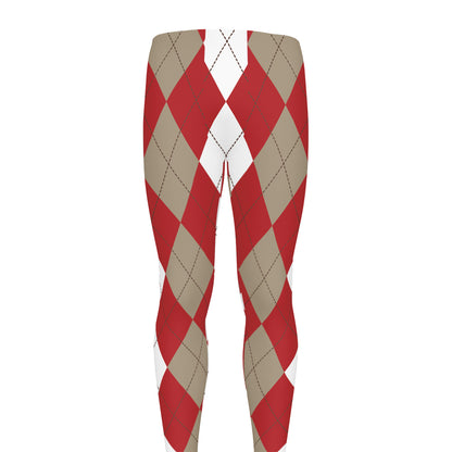 Beige Red And White Argyle Pattern Print Men's leggings