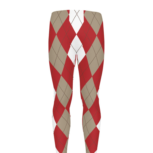 Beige Red And White Argyle Pattern Print Men's leggings