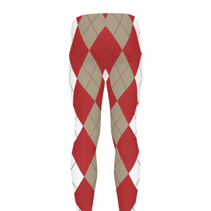 Beige Red And White Argyle Pattern Print Men's leggings