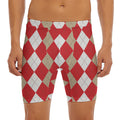 Beige Red And White Argyle Pattern Print Men's Long Boxer Briefs