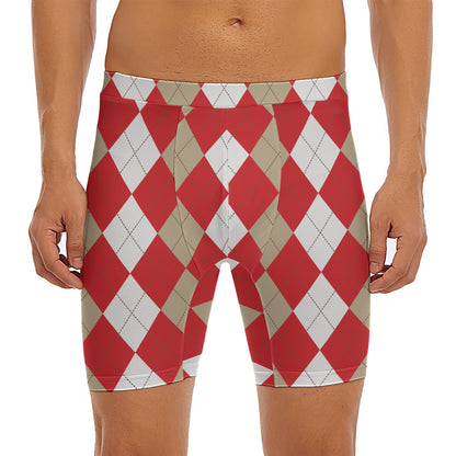 Beige Red And White Argyle Pattern Print Men's Long Boxer Briefs